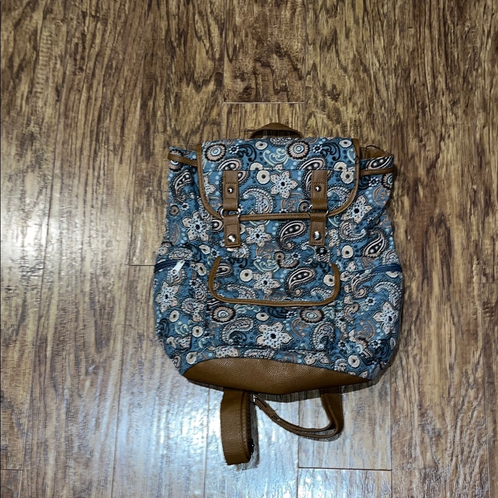 Blue Paisley Canvas Backpack with Brown Trim
